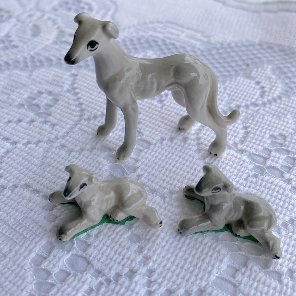 Greyhound Dog Miniature Figurines. Vintage circa 1970s -80s. Set of 3.